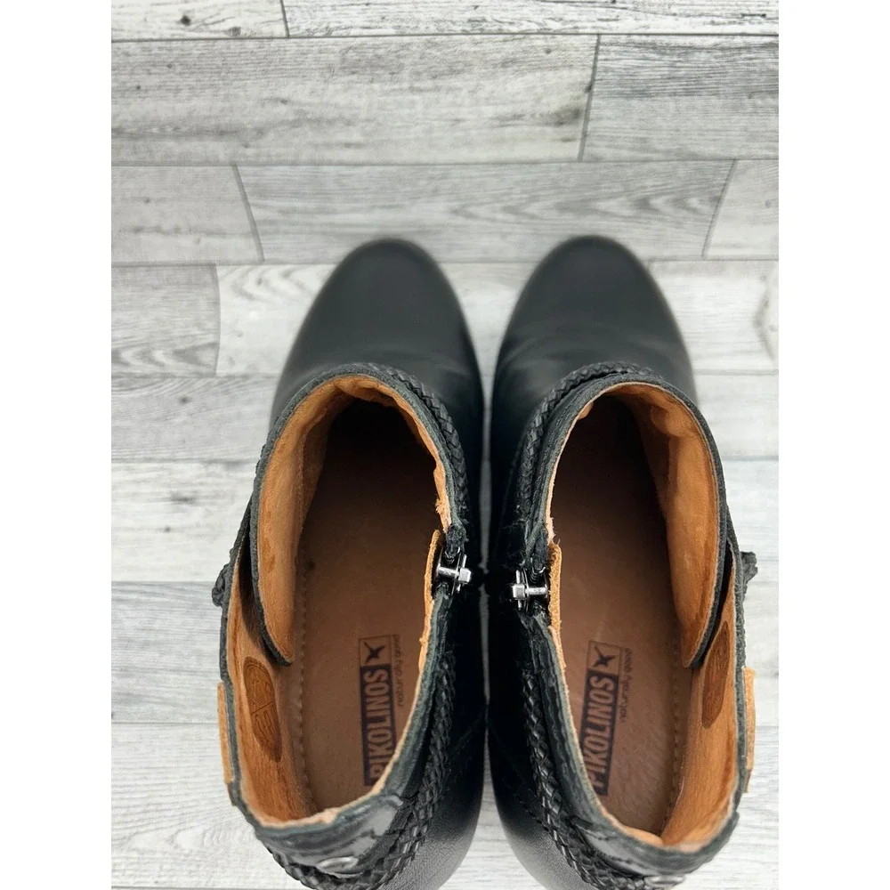 Pikolinos‎ Black Leather Ankle Boots Braided Cord Detail Women Sz EU 39 US 8.5